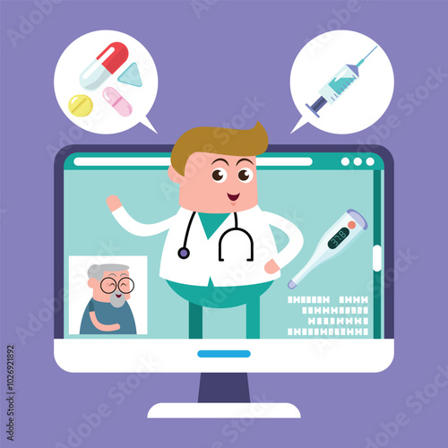 Obraz na płótnie emotion cute vector, illustration flat cartoom character man , nurse and doctor show explain media on line how take care good for healthy. w salonie