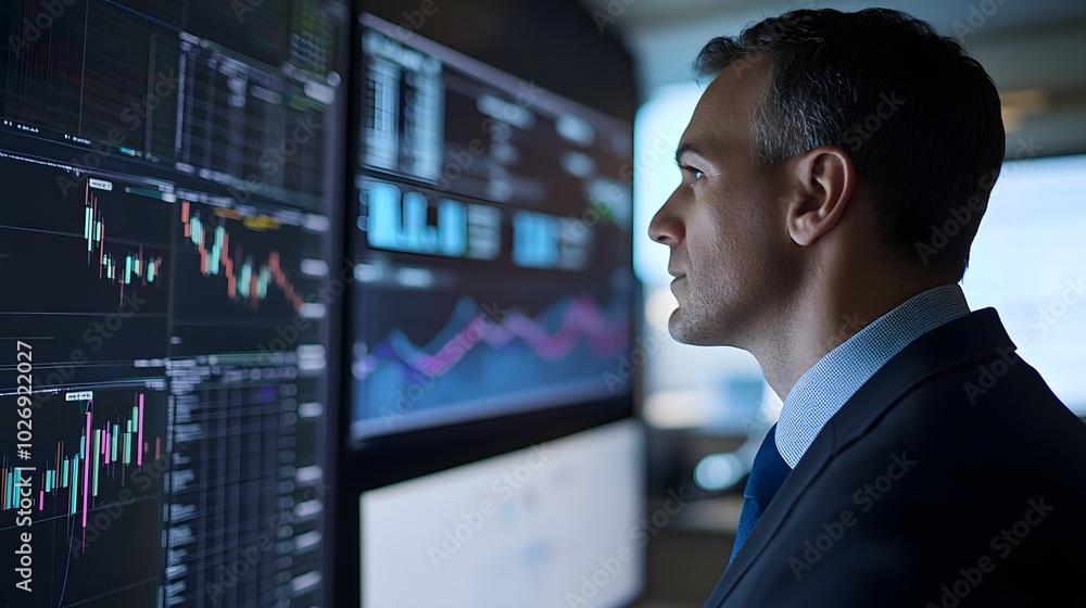 Businessman focused on financial data on a large screen in a professional office environment Businessman focused on financial data on a large screen in a professional office environment
