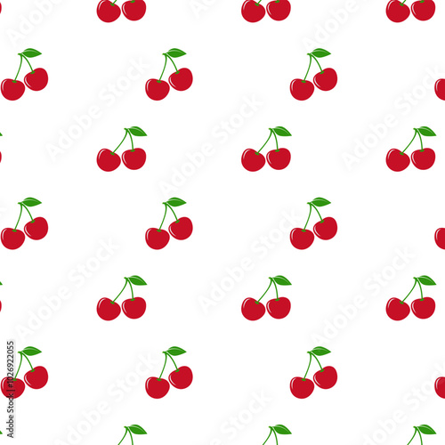 Cherry seamless pattern. Red berries with a leaf.