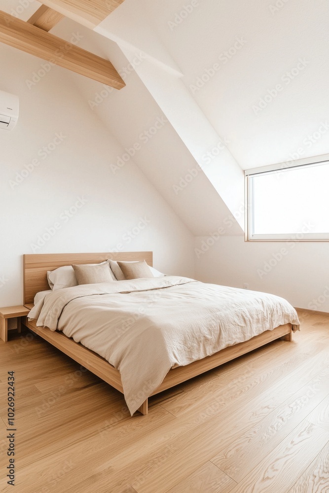 Fototapeta premium Japandi-style bedroom featuring clean lines, a low wooden bed, and calming earthy tones