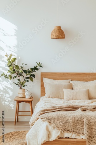 Modern Japandi bedroom showcasing a mix of Scandinavian and Japanese styles with a natural color palette