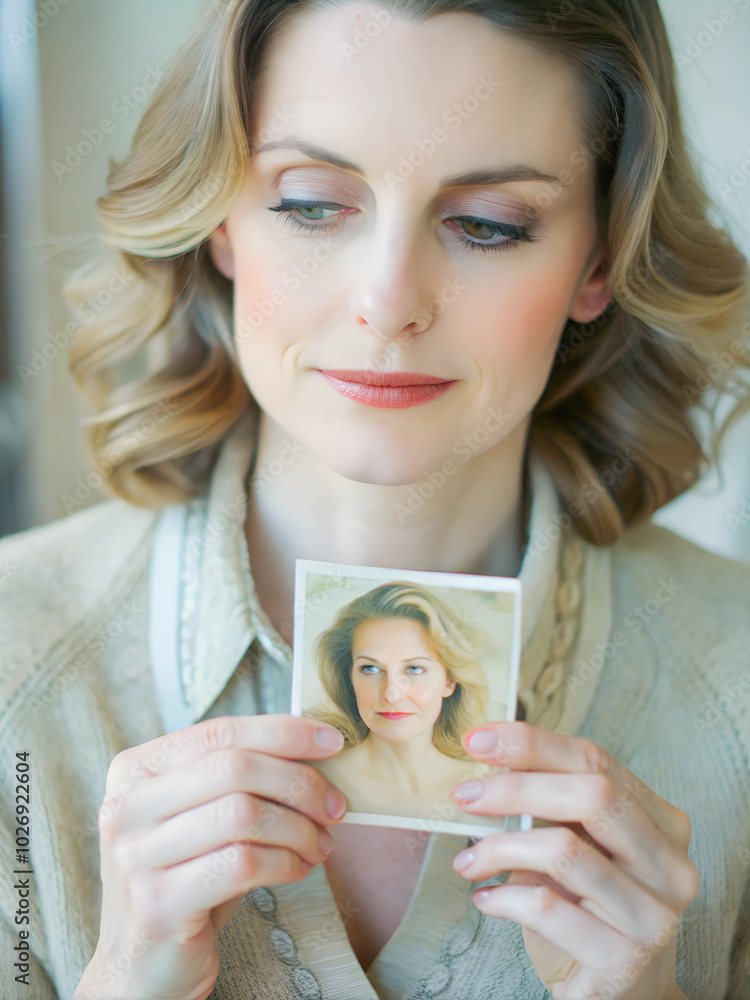 A woman in her late 40s, holding an old photograph in her hands, her eyes glazed over with memories A woman in her late 40s, holding an old photograph in her hands, her eyes glazed over with memories