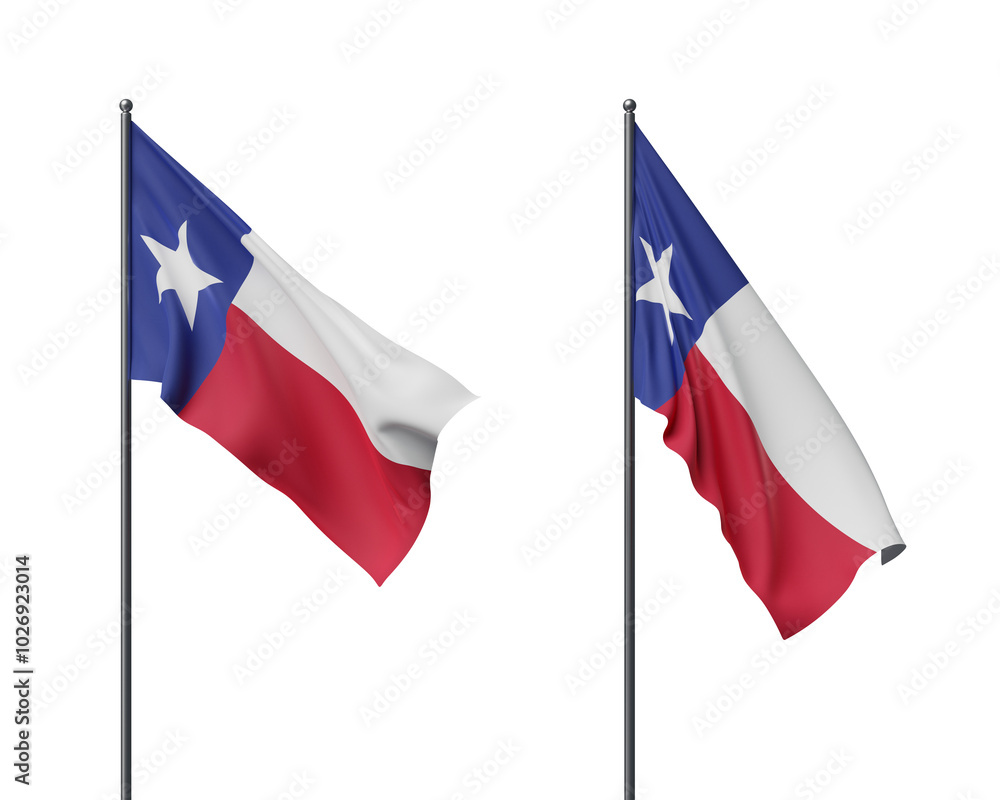 Two Texas state flags on flagpoles waving elegantly. Isolated on a plain white background, symbolizing national pride and government. 3D Rendering Two Texas state flags on flagpoles waving elegantly. Isolated on a plain white background, symbolizing national pride and government. 3D Rendering