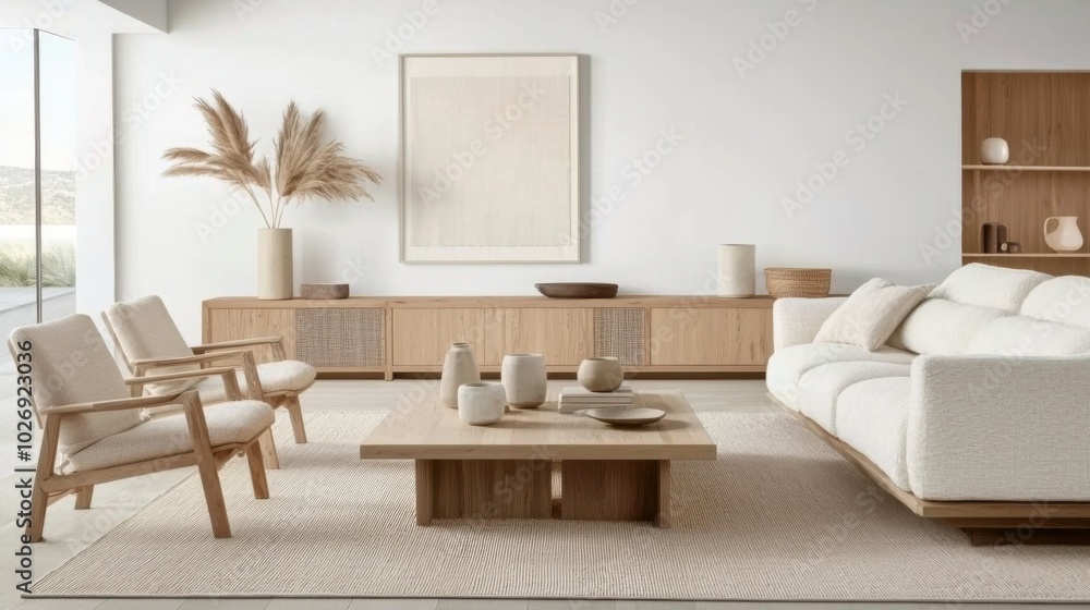 Minimalist Nordic living room with neutral tones, soft textures, and wooden decor accents Minimalist Nordic living room with neutral tones, soft textures, and wooden decor accents
