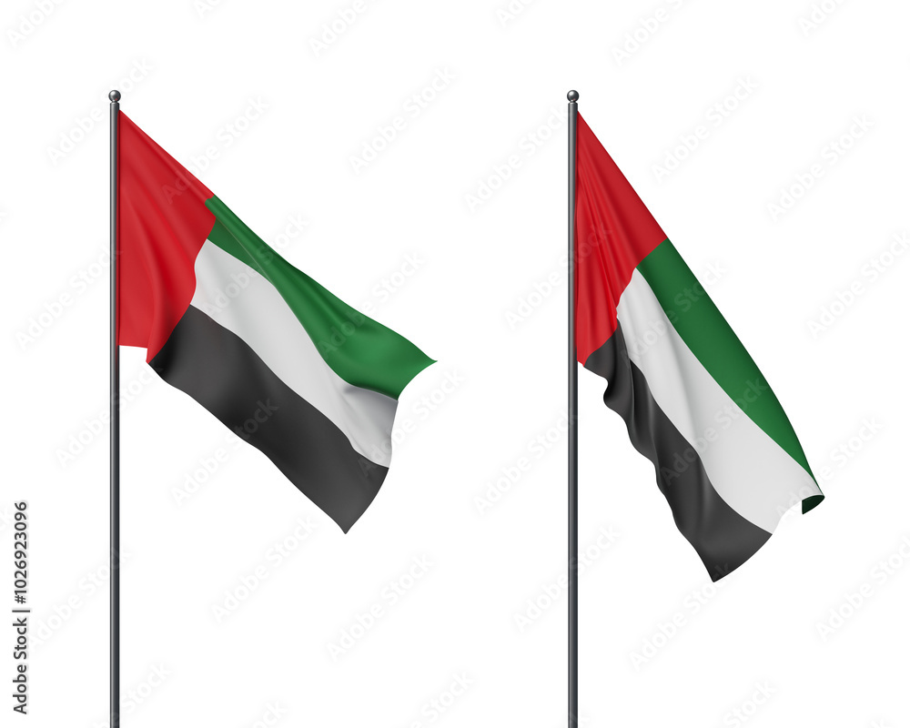 Two flags with red, green, white, and black colors waving in the wind. White background, symbol of national pride and celebration. 3D Rendering Two flags with red, green, white, and black colors waving in the wind. White background, symbol of national pride and celebration. 3D Rendering