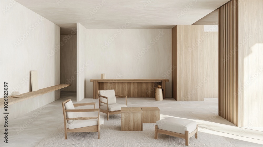 Fototapeta premium Light-filled Nordic living room with minimalist furniture, wooden accents, and modern lighting