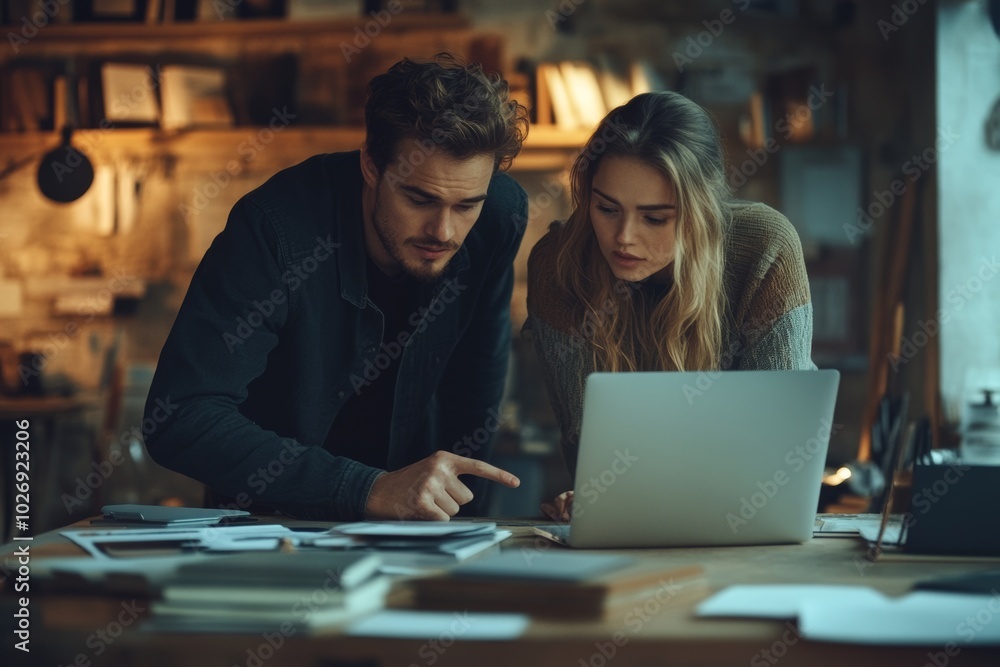 A young couple working on a project together in a home office, looking at a laptop and papers. A young couple working on a project together in a home office, looking at a laptop and papers.