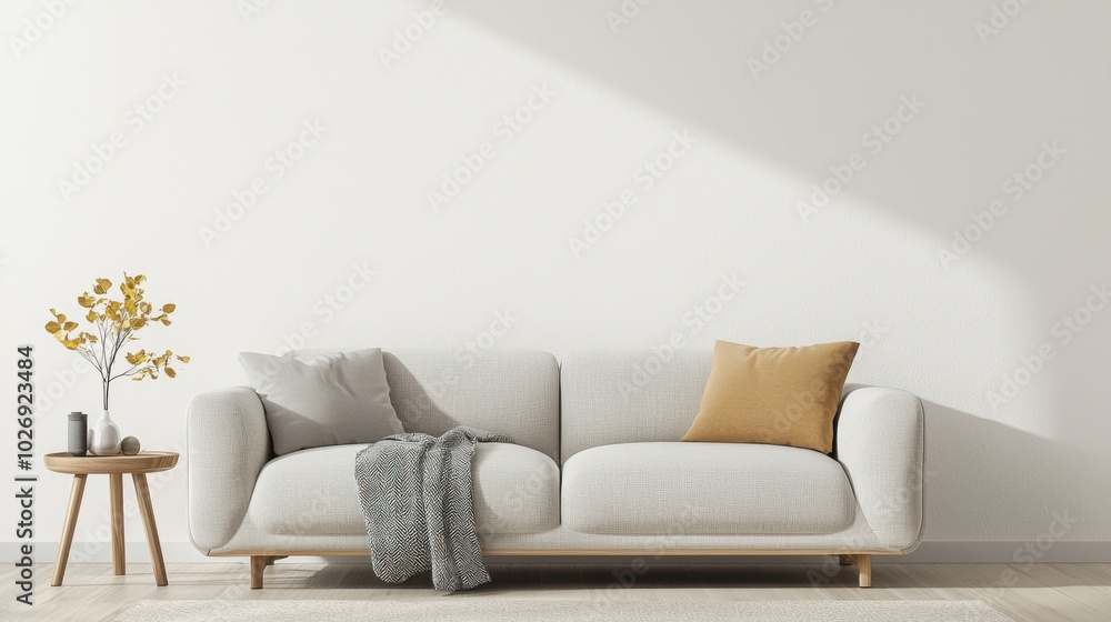Cozy Scandi living room with a light grey sofa, wooden side table, and a soft throw blanket Cozy Scandi living room with a light grey sofa, wooden side table, and a soft throw blanket