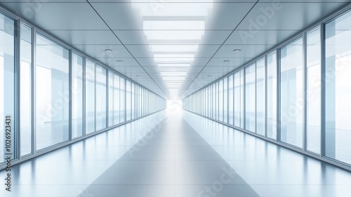 3D-rendered modern corridor with minimalism and light-filled design, featuring windows along the platform and ceiling lights for a futuristic feel