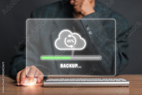 Illustration of a digital backup process with a cloud storage progress bar, symbolizing data security and technology.