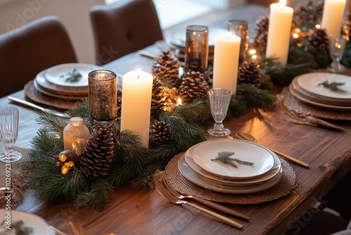 A beautifully arranged festive dining table featuring candles, pinecones, and elegant tableware, perfect for holiday celebrations. photo