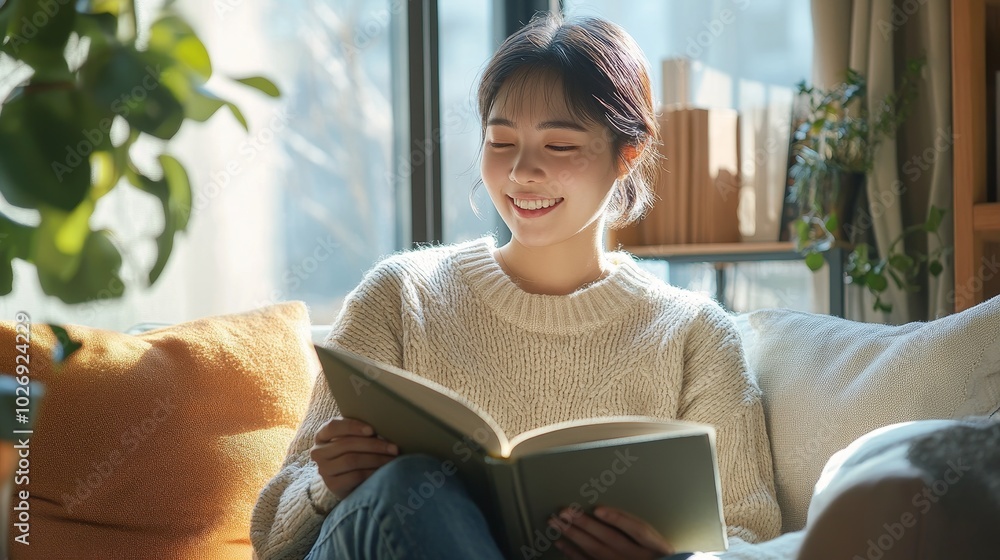 Tranquil Morning Reading - Asian Woman Enjoying Book on Cozy Sofa in Sunlit Living Room Tranquil Morning Reading - Asian Woman Enjoying Book on Cozy Sofa in Sunlit Living Room
