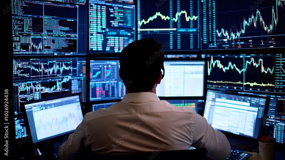 Investor in an office setting studying stock market charts on a large desktop display Investor in an office setting studying stock market charts on a large desktop display