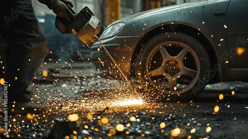 Mechanic cutting metal with sparks flying near car