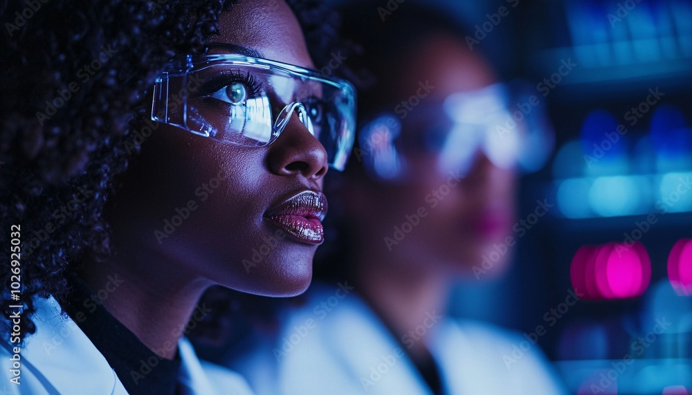 Empowering Women in Science: Female Scientists in Lab Coats Collaborating on Tech Project for Gender Equality and Development Empowering Women in Science: Female Scientists in Lab Coats Collaborating on Tech Project for Gender Equality and Development