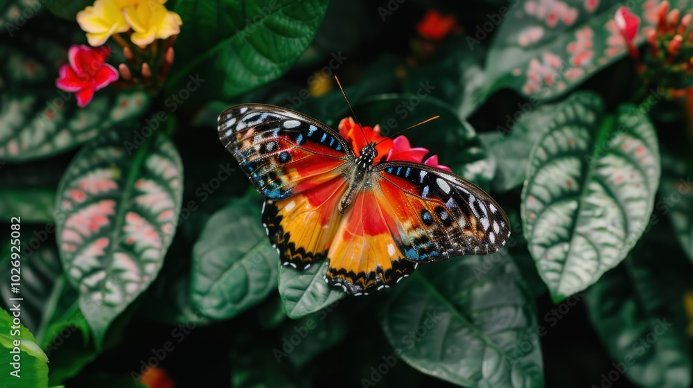 Colorful Butterfly Perched on a Green Leaf Colorful Butterfly Perched on a Green Leaf