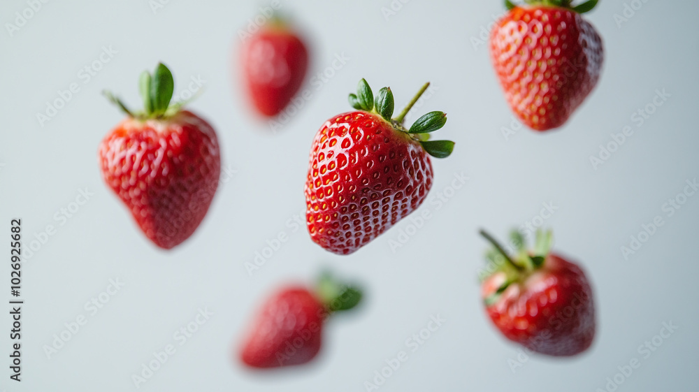 Fresh strawberries floating in the air against a soft gray background in natural lighting Fresh strawberries floating in the air against a soft gray background in natural lighting