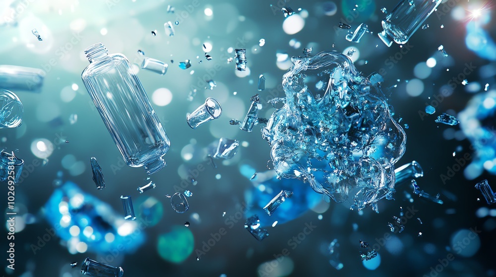 Abstract image of floating water droplets and glass fragments, creating a dreamy underwater scene with a soft blue glow. Abstract image of floating water droplets and glass fragments, creating a dreamy underwater scene with a soft blue glow.