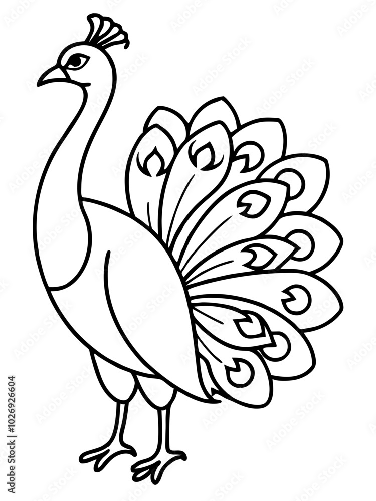 Fototapeta premium simple icon Children coloring book page, line art, black and white, cartoon cute style, illustration of a peacock