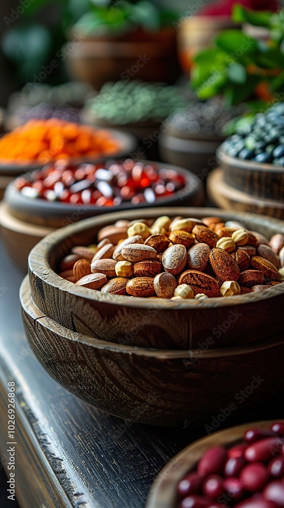 Close-up of Assorted Spices and Grains in Wooden Bowls Close-up of Assorted Spices and Grains in Wooden Bowls