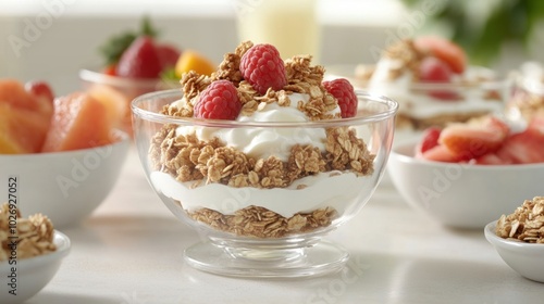 A glass bowl of yogurt topped with granola, surrounded by bowls of fruit and granola, a fresh and healthy breakfast scene.