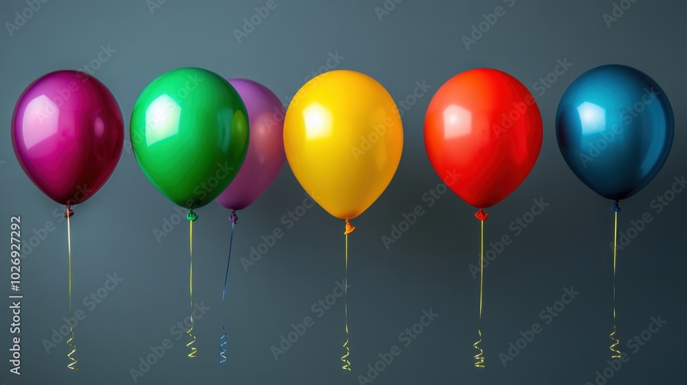 A group of vibrant helium balloons in various colors, tied with strings, floating gently against a grey background, creating a festive mood. A group of vibrant helium balloons in various colors, tied with strings, floating gently against a grey background, creating a festive mood.