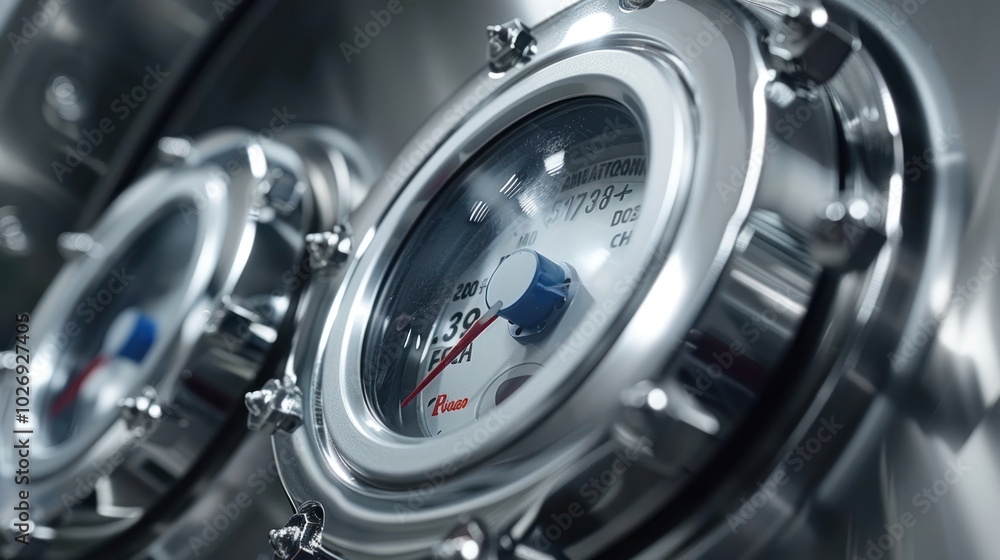 Close-up of a Silver Gauge with a Red Needle and a Blue Knob Close-up of a Silver Gauge with a Red Needle and a Blue Knob