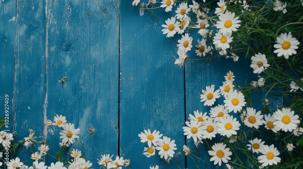 Obraz premium White wildflowers on blue wood