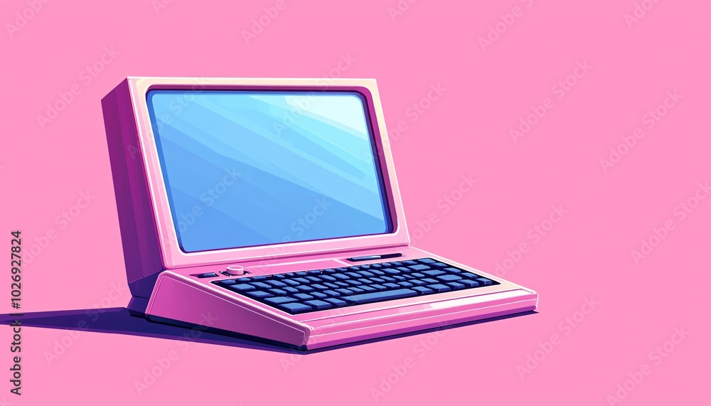 Nostalgic Retro Computer with Pixel Art on Screen Against Plain Wall - Vintage Digital Aesthetics Nostalgic Retro Computer with Pixel Art on Screen Against Plain Wall - Vintage Digital Aesthetics