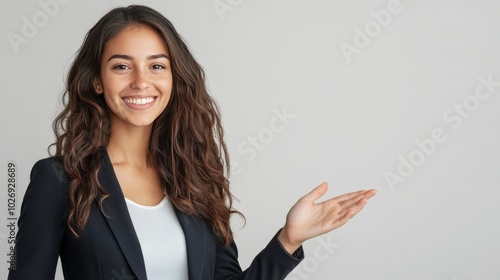 Smiling businesswoman displays copyspace