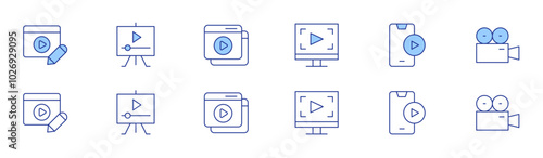 Video icon set in two styles, Duotone and Thin Line style. Editable stroke. video editor, video player, videocamera, video editing, video lesson