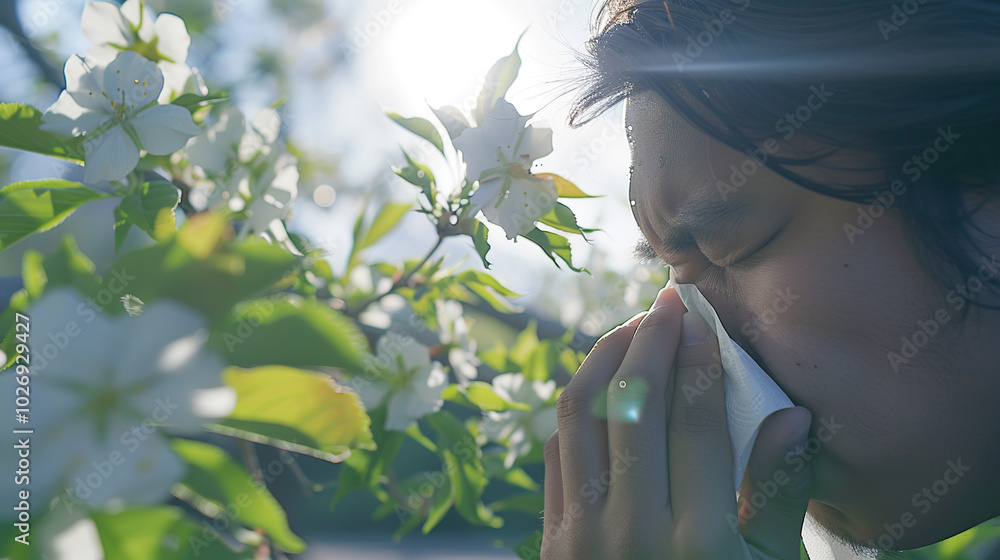 A person sneezing into a tissue, surrounded by blooming flowers and green leaves, symbolizing allergy season. The background is softly blurred to focus on the sneezing person, with copy space for text A person sneezing into a tissue, surrounded by blooming flowers and green leaves, symbolizing allergy season. The background is softly blurred to focus on the sneezing person, with copy space for text