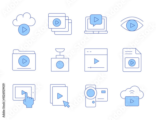 Video icons. Line Duotone style, editable stroke. tutorial, video camera, video, tablet, cloud, video folder, video file, video recorder, videos, view, vod