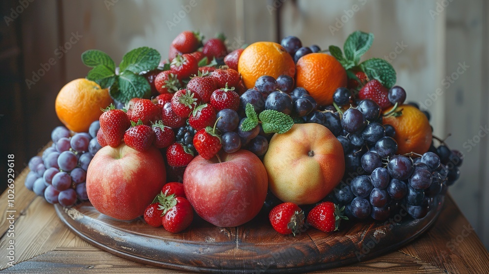 Fresh Fruit Bowl: Grapes, Strawberries, Oranges, Apples, and Peaches Fresh Fruit Bowl: Grapes, Strawberries, Oranges, Apples, and Peaches