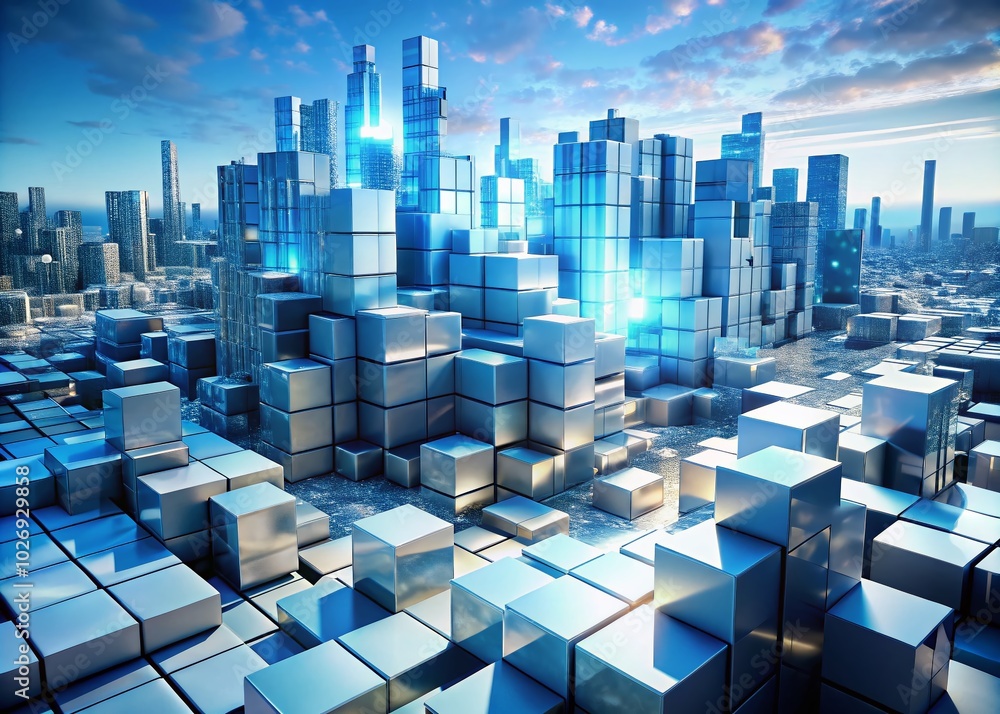 Obraz premium Futuristic Cube Cityscape: Abstract 3D Rendering of White and Blue Cubes in a Modern Landscape