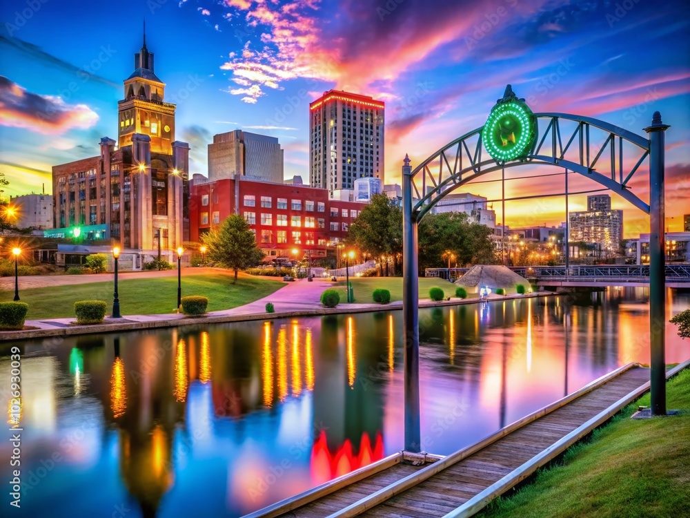 Obraz premium Futuristic Digital Welcome Sign at Riverfront Park in Montgomery, Alabama - Surreal Urban Landscape Photography