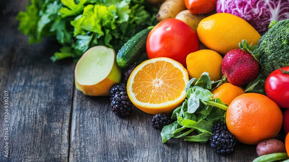 Close-up of vibrant fresh vegetables and fruits on wooden table, symbolizing healthy blood pressure foods, emphasizing natural nutrition and wellness. Close-up of vibrant fresh vegetables and fruits on wooden table, symbolizing healthy blood pressure foods, emphasizing natural nutrition and wellness.