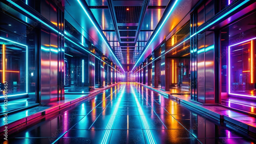 Fototapeta premium Futuristic Neon Corridor with Tilt-Shift Effect for Stunning Visuals