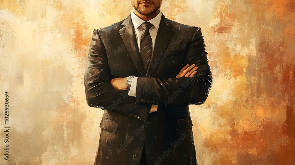 A Painted Portrait of a Man in a Suit with Crossed Arms A Painted Portrait of a Man in a Suit with Crossed Arms