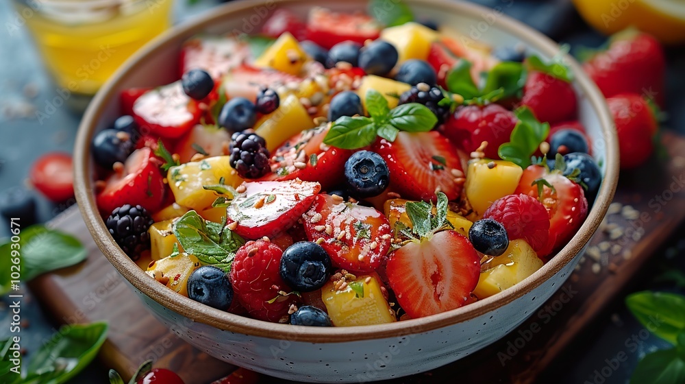 Vibrant Fruit Salad with Mango, Strawberries, and Blueberries Vibrant Fruit Salad with Mango, Strawberries, and Blueberries