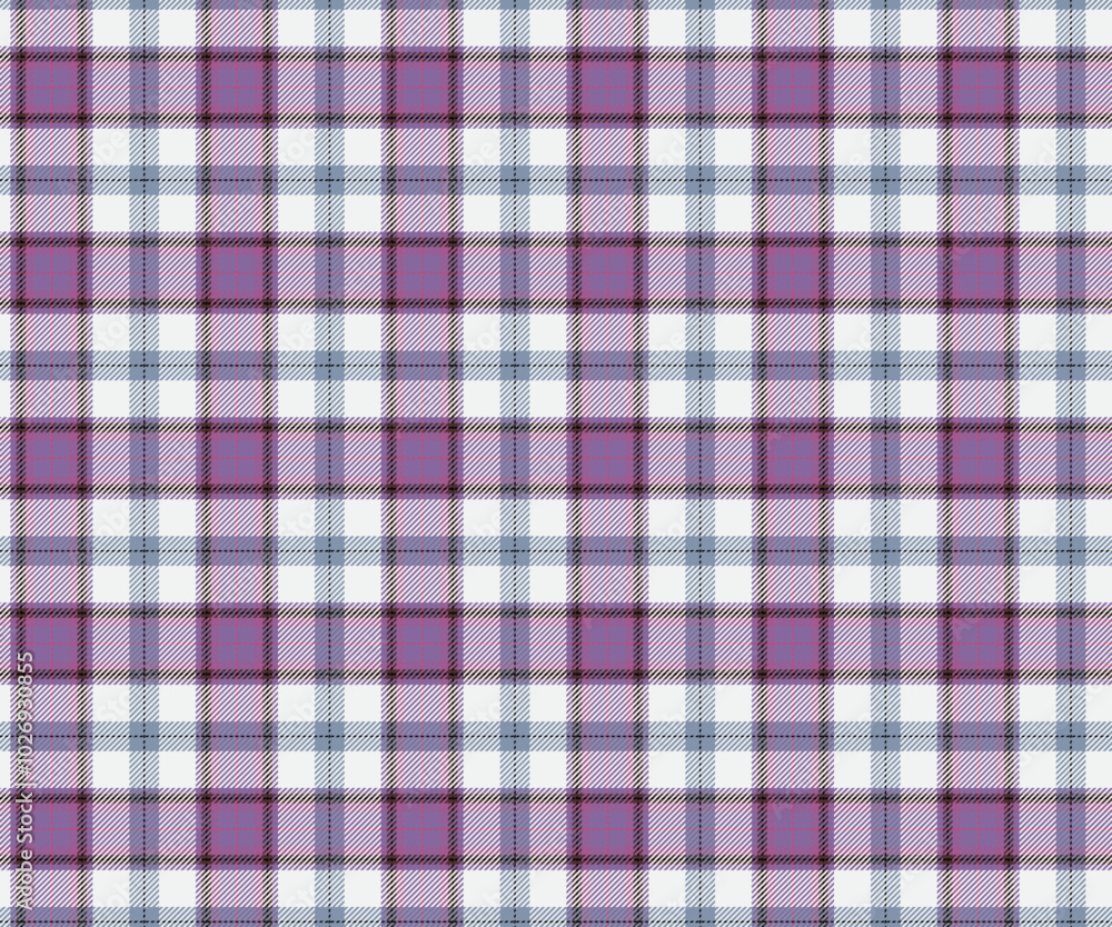 Plaid fabric pattern, white, purple, gray, seamless for textiles, and for designing clothes, skirts, pants or decorative fabrics. Vector illustration. Plaid fabric pattern, white, purple, gray, seamless for textiles, and for designing clothes, skirts, pants or decorative fabrics. Vector illustration.