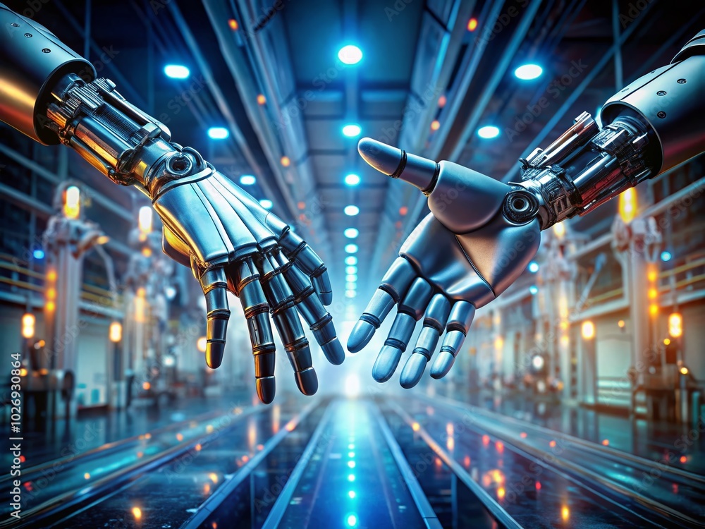 Futuristic Robotic Hands in High-Tech Environment - Macro Photography Futuristic Robotic Hands in High-Tech Environment - Macro Photography