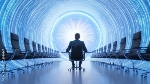 Render a futuristic virtual meeting scene, executives discussing year-end financial review data in a high-tech setting