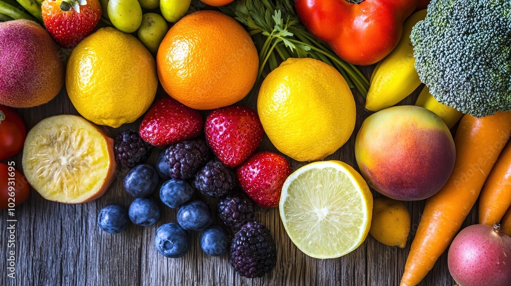 Close-up of vibrant fresh vegetables and fruits on wooden table, symbolizing healthy blood pressure foods, emphasizing natural nutrition and wellness. Close-up of vibrant fresh vegetables and fruits on wooden table, symbolizing healthy blood pressure foods, emphasizing natural nutrition and wellness.