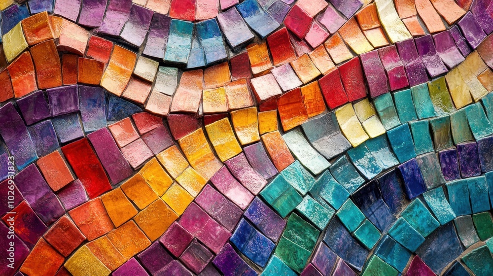 An abstract colorful surface of square tiles in a wavy, geometric cubism style, rippling across the composition. An abstract colorful surface of square tiles in a wavy, geometric cubism style, rippling across the composition.
