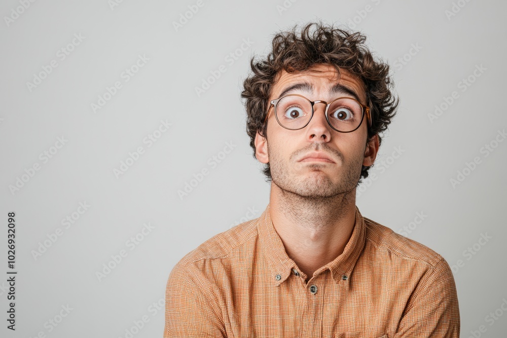 Fototapeta premium A young man with curly hair and glasses is looking up with a confused expression.