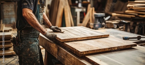 Carpenter sanding a wooden board in a workshop