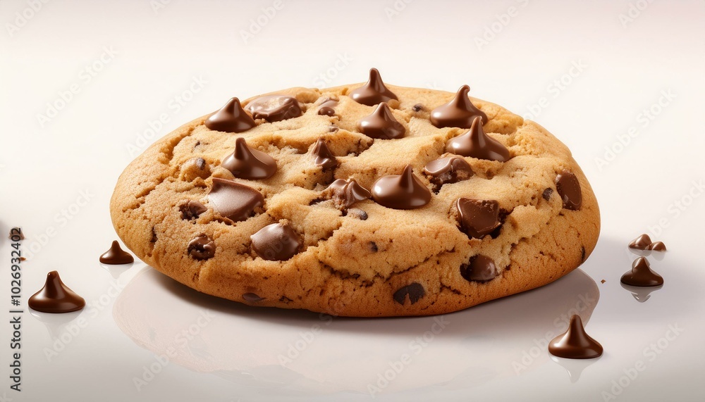 Freshly baked golden-brown chocolate chip cookie with melting chips, placed on a creamy white background, emphasizing warmth. Freshly baked golden-brown chocolate chip cookie with melting chips, placed on a creamy white background, emphasizing warmth.