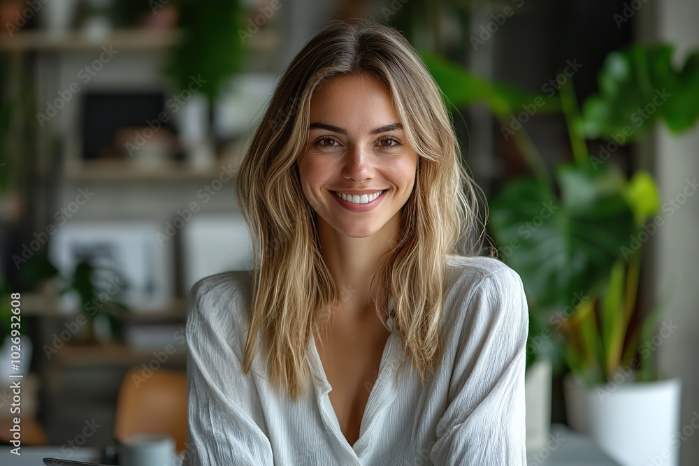 Portrait of happy businesswoman with touch pad in office looking at camera, Ai Portrait of happy businesswoman with touch pad in office looking at camera, Ai