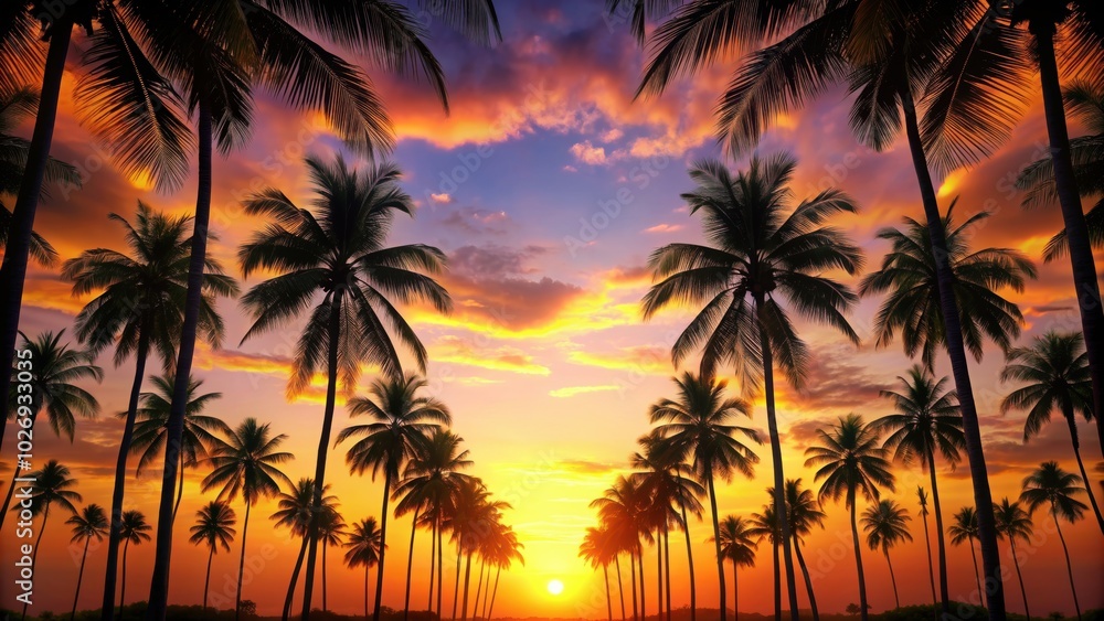 Silhouetted palm trees forming a natural frame on a sunset background , tropical, border, nature, elegant, silhouette, frame Silhouetted palm trees forming a natural frame on a sunset background , tropical, border, nature, elegant, silhouette, frame